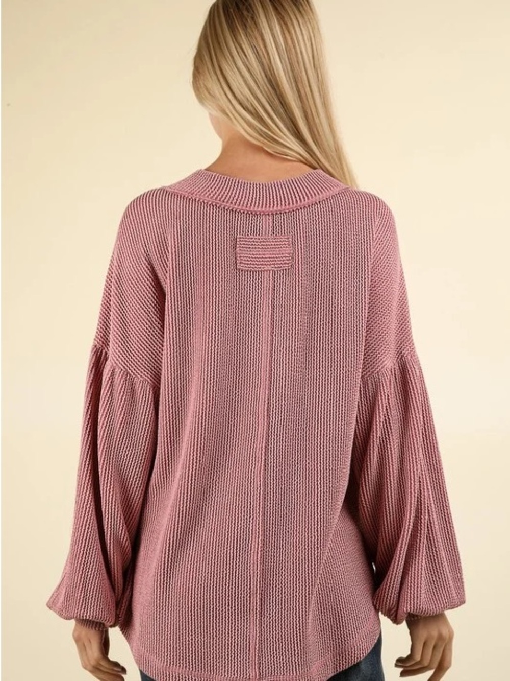 New In Boho Waffle Knit V-Neck Lantern Sleeve Sweater - Mauve, Size S - Picture 12 of 13